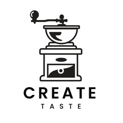 Minimalist style logo with vintage classic Coffee grinder icon. This logo can be used for a Coffee Restaurant logo