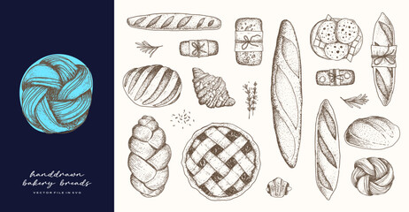 Hand Drawn Breads and Bakery Logo Products for Bakery Shop Store Baguette Pastry Croissant Sourdough in Isolated Vector SVG