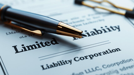 Close-up of Limited Liability Corporation document with pen, illustrating business registration and formality.