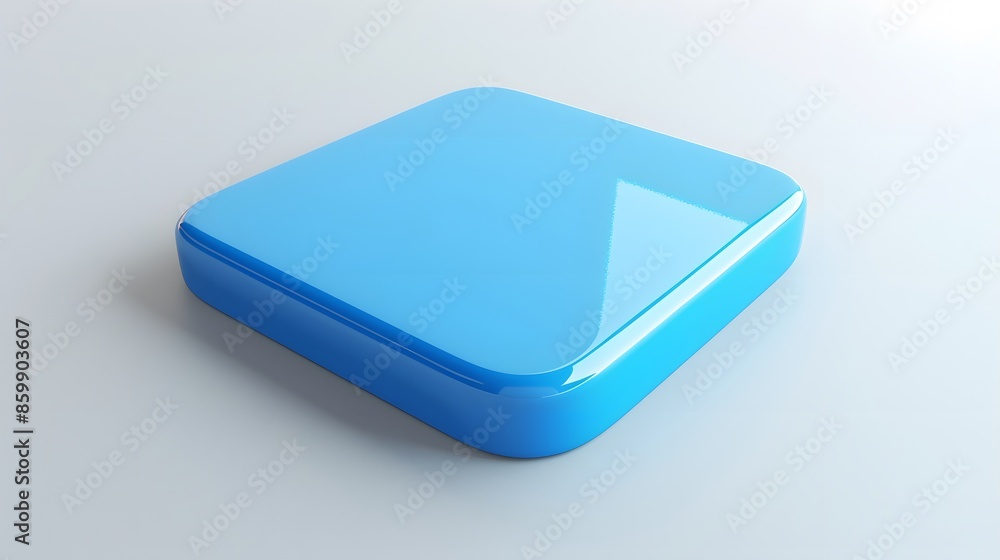 Poster blank mobile application icon, button - blue square with round corners. 3d rendering, white backgrou
