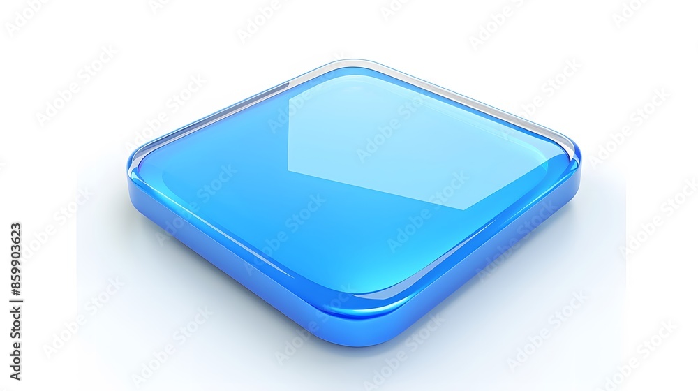 Poster blank mobile application icon, button - blue square with round corners. 3d rendering, white backgrou