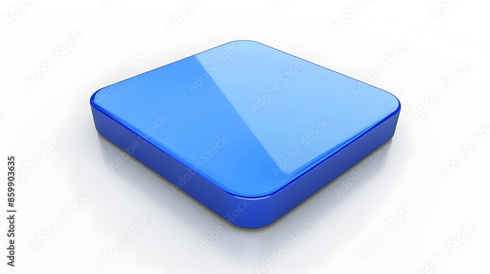 Poster blank mobile application icon, button - blue square with round corners. 3d rendering, white backgrou