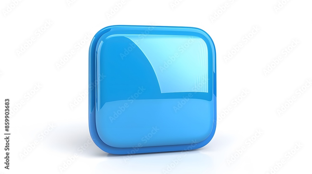Poster blank mobile application icon, button - blue square with round corners. 3d rendering, white backgrou