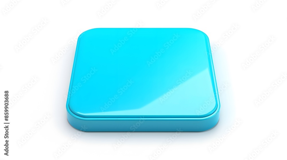 Poster blank mobile application icon, button - blue square with round corners. 3d rendering, white backgrou