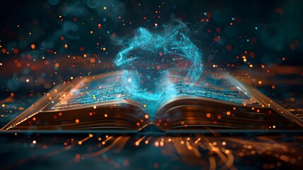 Modern digital book for education, incorporating futuristic elements and interactive tools