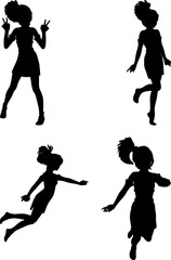 Active anime girl with short ponytail, stylized silhouette illustration. Full body silhouette of an anime cartoon style girl.