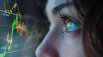 Close up of businesswoman eye with financial graph reflecting in eye. Attractive woman looking financial and marketing data with stock market chart or increasing sales graph reflect in the eye. AIG42.