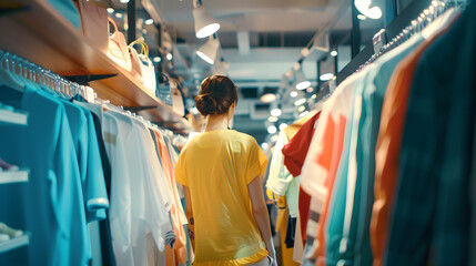 Fast fashion Woman shopping in cloth store shopping trendy clothes : Generative AI
