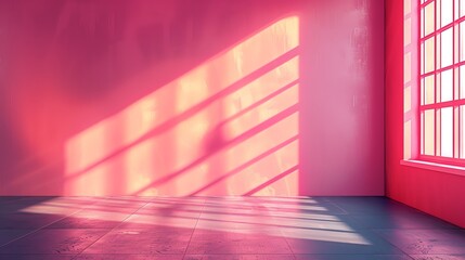 Minimalist pink room with sunlight streaming through a window.