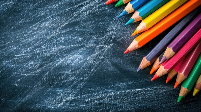 Colorful pencils on blackboard with space school concept