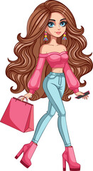 Brunette woman with pink shopping bag. Cartoon brunette girl with blue eyes walking and holding a pink bag, full body pictures, wearing jeans and pink crop top. 
