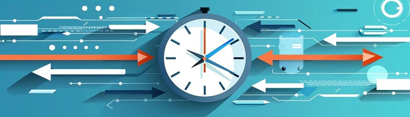 Abstract digital illustration of a clock with dynamic arrows symbolizing the concept of time management and efficiency.