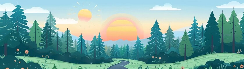 Beautiful sunrise over a tranquil forest landscape, featuring a winding path through lush greenery and tall pine trees.