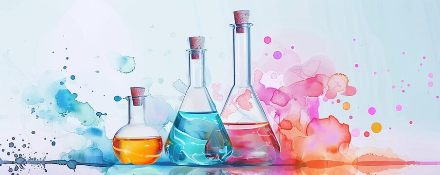 Colorful chemistry experiment with various chemical solutions in glass flasks and beakers, showcasing vibrant splashes of liquid.