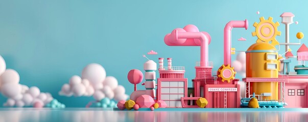 Colorful, whimsical factory scene with playful clouds, vibrant structures, and a bright blue sky evoking a sense of creativity and imagination.