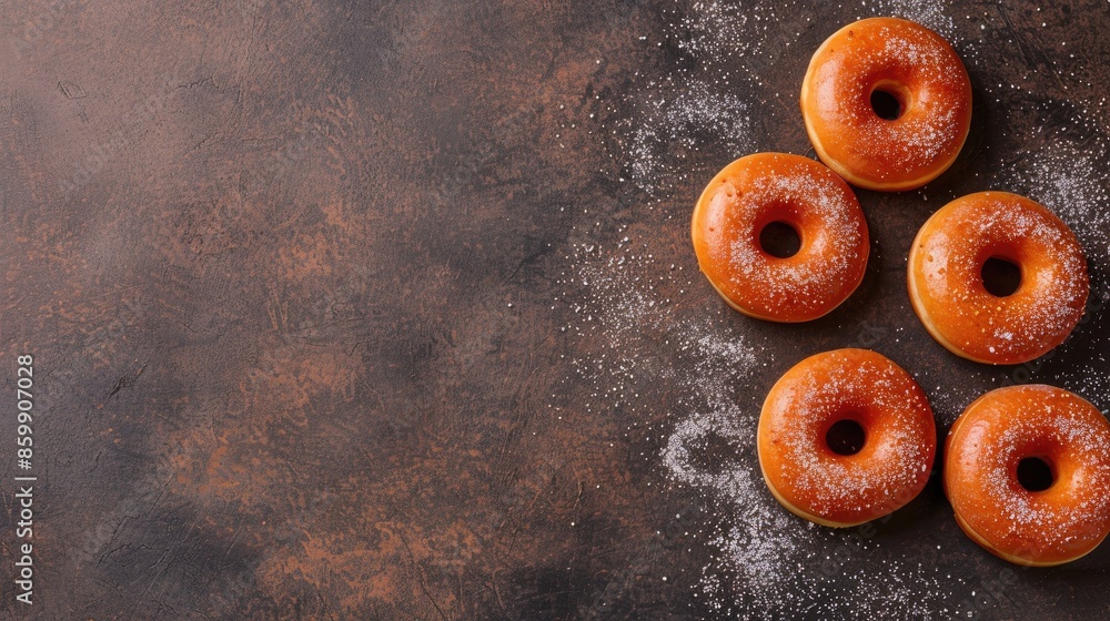 Wall mural Delicious sugary doughnut with glaze on brown background top view flat lay dessert concept