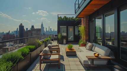 Modern rooftop patio with city skyline view, perfect for relaxing or entertaining.