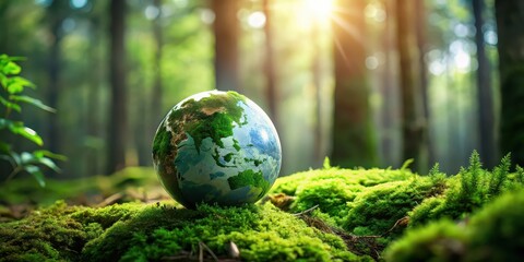 Earth day concept showing a globe resting on moss in a lush forest , environment, green, planet, world map, eco-friendly, conservation, sustainability, nature, earth, global, forest