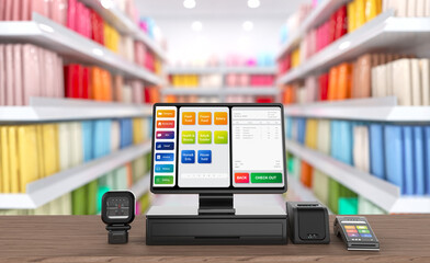 Point of sale system or cash register machine on desk