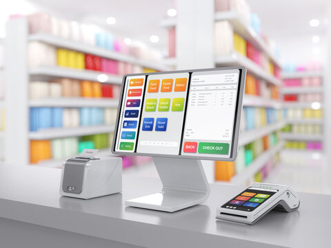 Point of sale system or cash register machine on desk
