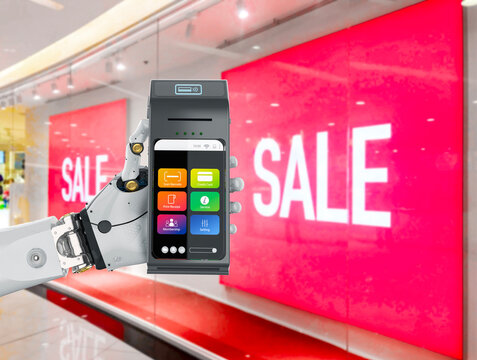 Cashless payment with 3d rendering robot hand holding credit card reader