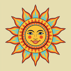 Cute cartoon decorative sun with smiling female face, simple illustration.