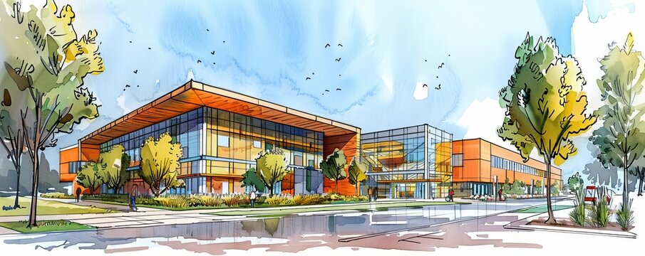 global outreach initiative flat design side view community center cartoon drawing vivid