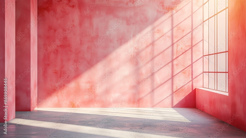 Poster pink wall with window and sunbeams in empty room.