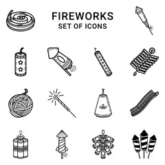 set of fireworks line art vector icon isolated on white background