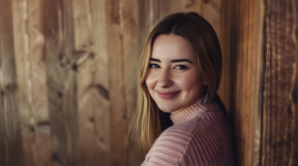 Smiling trendy model posing on wooden background : Generative AI
