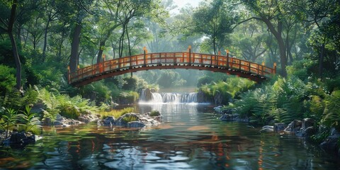 Serene Waterfall and Bridge in a Lush Forest