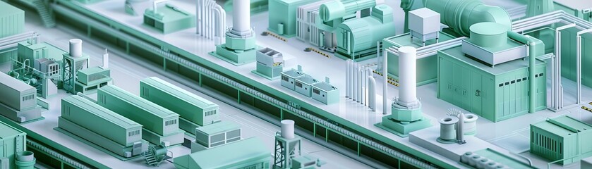 green manufacturing flat design side view factory line render colored pastel