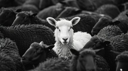 A single white sheep stands out among a herd of black sheep, symbolizing individuality and uniqueness in a monochrome photo.