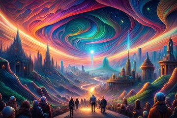 Obraz premium 3d illustration of a fantasy landscape with a colorful alien