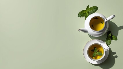 Flat lay top view of white teapot and cup of tea with mint leaves on a light green background, with ample space for text or product placement.
