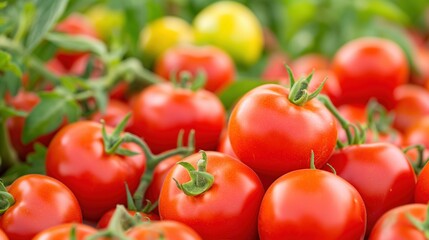 Street market countertop with big pile of different tomatoes.
