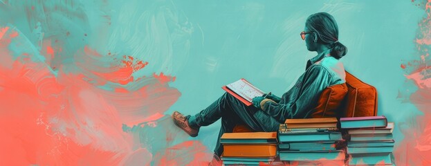 A girl sitting on a stack of books, reading a book She is wearing a green dress and has long brown hair The background is a blue-green gradient. AIGZ01