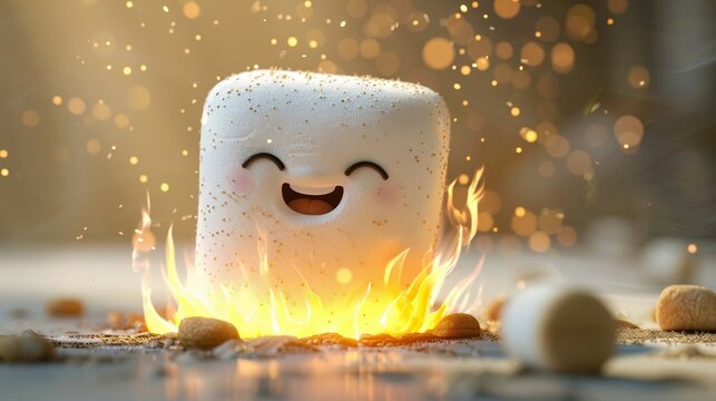 Anime marshmallow character with a joyful expression, roasting over a whimsical flame, white background, illustration background