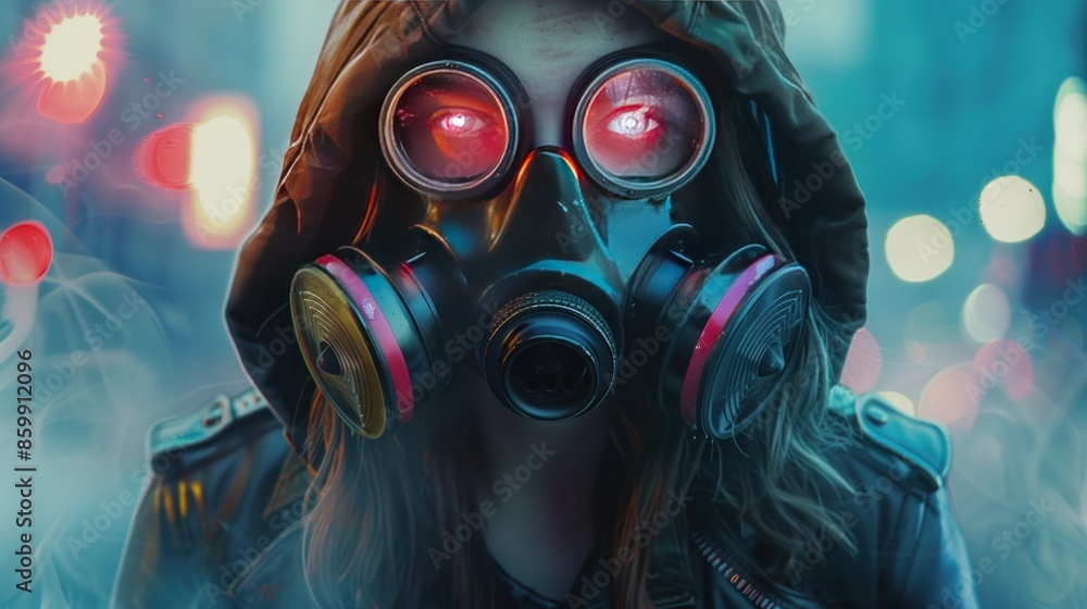 Wall mural Woman style in a respirator gas mask curses the hood Background wallpaper AI generated image - Wall murals