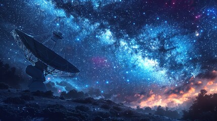 Fototapeta premium Radio telescope aimed at the starry sky, illustration background
