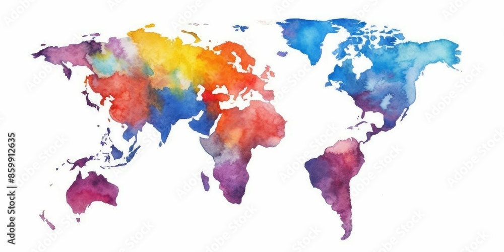 Poster watercolor map of the world with splashes of vibrant colors and a white background for a creative ge