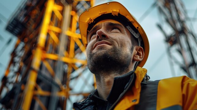 Cell tower in the background, yellow hard hat worker up top, ultra realistic photo, illustration background
