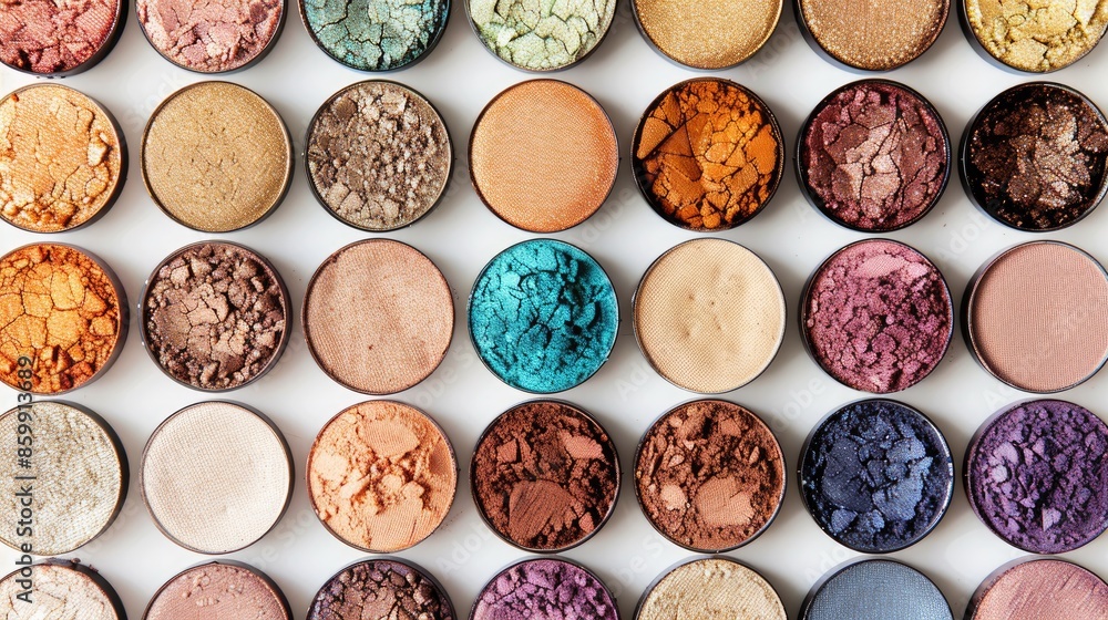 Poster variety of pre owned eye shadows in different hues displayed on white background shot from above wit