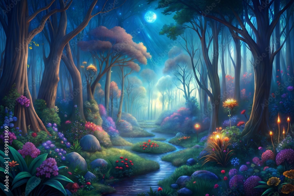 Wall mural forest landscape at night with a full moon,a romantic scene with a beautiful,a fairy tale,a fantasy forest.