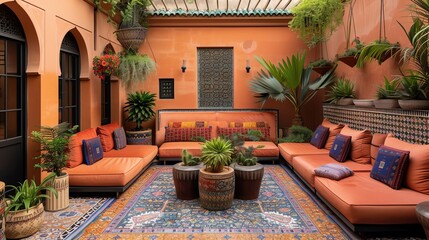 Fototapeta premium A Moroccan style patio with orange walls, colorful pillows and a patterned rug.