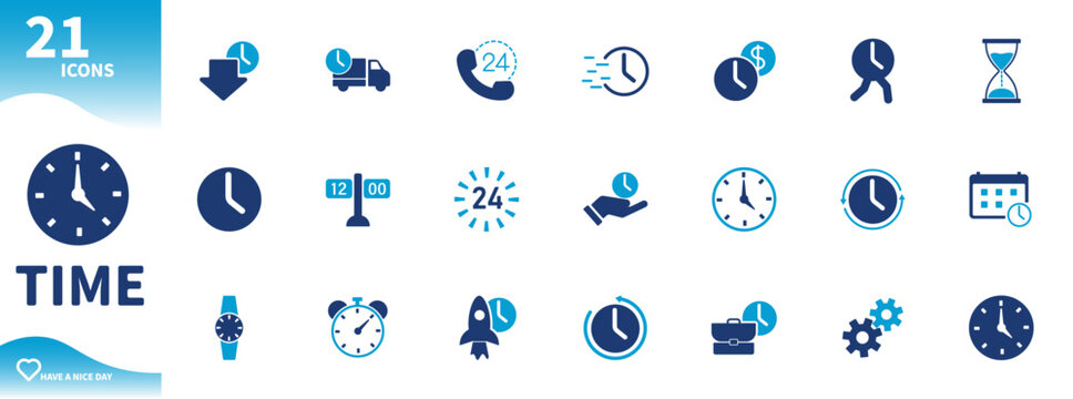 Time icon. Set of clock icons, watch, hourglass, delivery time,...