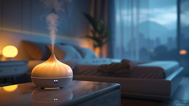 Cozy Modern Bedroom with Ambient Lighting and Aromatherapy Diffuser