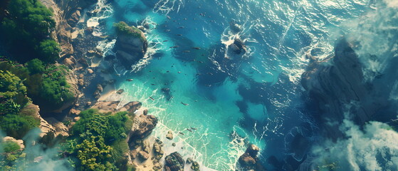 Fototapeta premium 8k, Top view widescreen of Seascape The wonders of the ocean, summer wallpaper , blue sky, green earth , blue planet