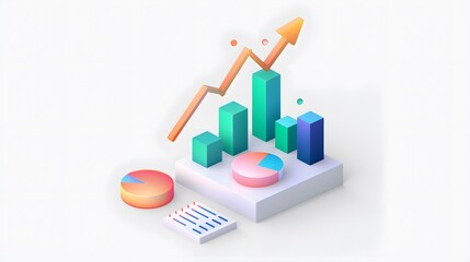 lying composition 3d icon, UI icon, a chart icon, bar chart has a rising arrow on it, bar chart, pie chart, a rising arrow, frosted glass, transparent, white background, transparent technology sense