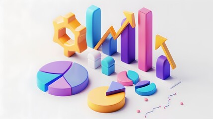 lying composition 3d icon, UI icon, a chart icon, bar chart has a rising arrow on it, bar chart, pie chart, a rising arrow, frosted glass, transparent, white background, transparent technology sense